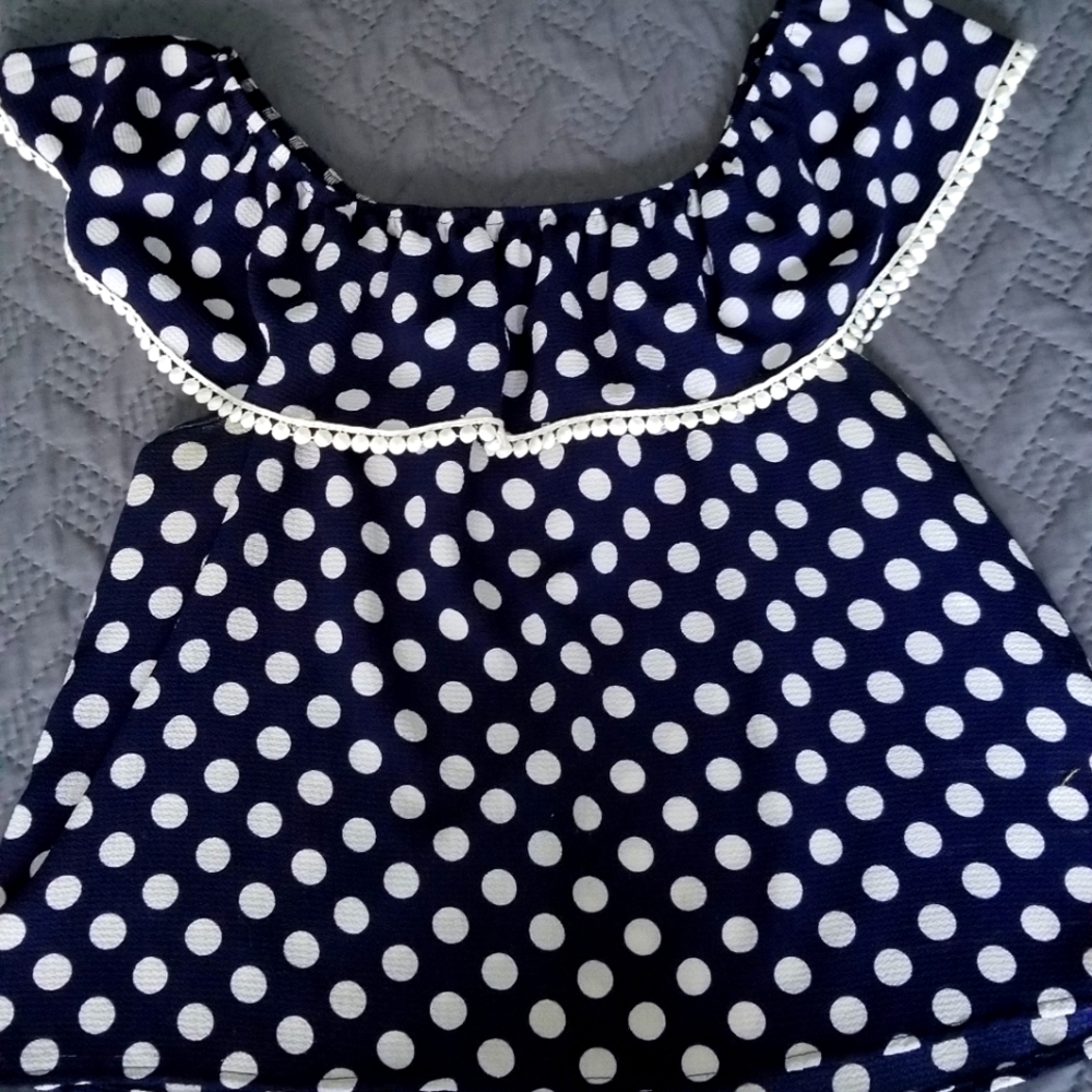 Polka dot navy blue and white top pompom off the shoulder summer fashion women L